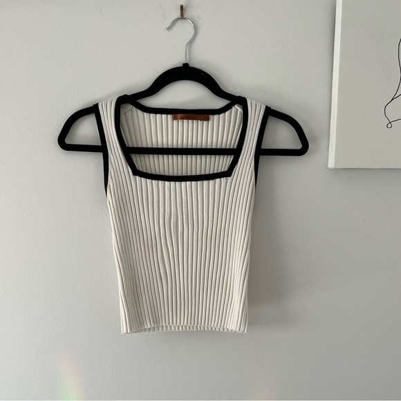 White Ribbed Tank Top with Square Neckline and black trim - Picture 1 of 2
